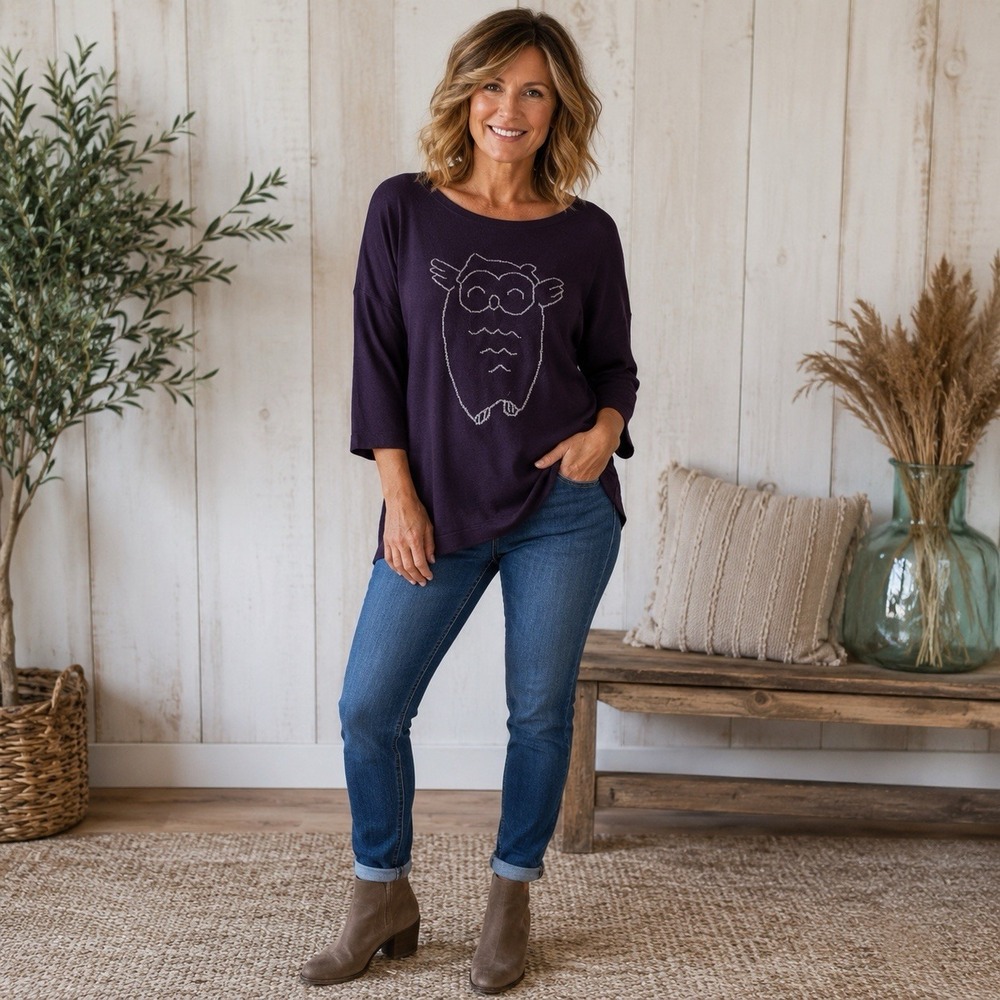 Sugarhill Boutique Womens Sweater Size 12 Purple Owl Graphic Lightweight Knit